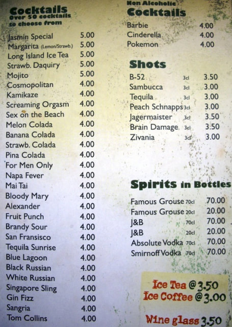 Ayia Napa drinks prices